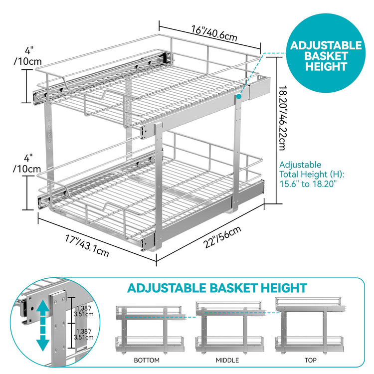 2 Tier Pull Out Cabinet Organizer 18" W X 22" D