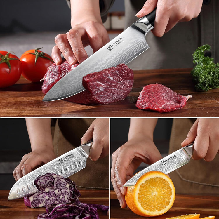 PAUDIN Damascus Knife Set 3 PCS, Japanese VG10 Steel Core, Ultra Sharp Chef Knife Set, Full Tang G10 Handle, Damascus Kitchen Knives