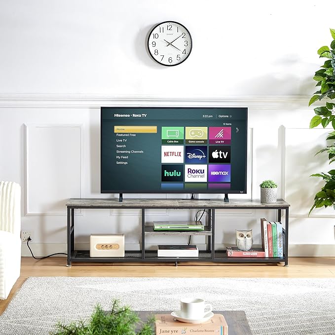 VECELO TV Stand with Power Outlets for Televisions up to 75Inch, 62" Media Entertainment Center with Charging Station 3-Tier Open Storage Shelves with Metal Frame for Living Room/Bedroom,Grey