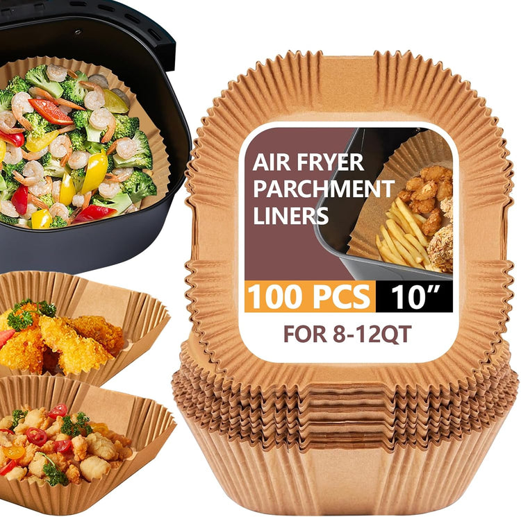 UBeesize 10 Inch Air Fryer Paper Liners,100 PCS Parchment Paper, Air Fryer Disposable Paper Liner for Microwave, Non-Stick Air Fryer Liners Square Free of Bleach(Bottom size 9 Inch)