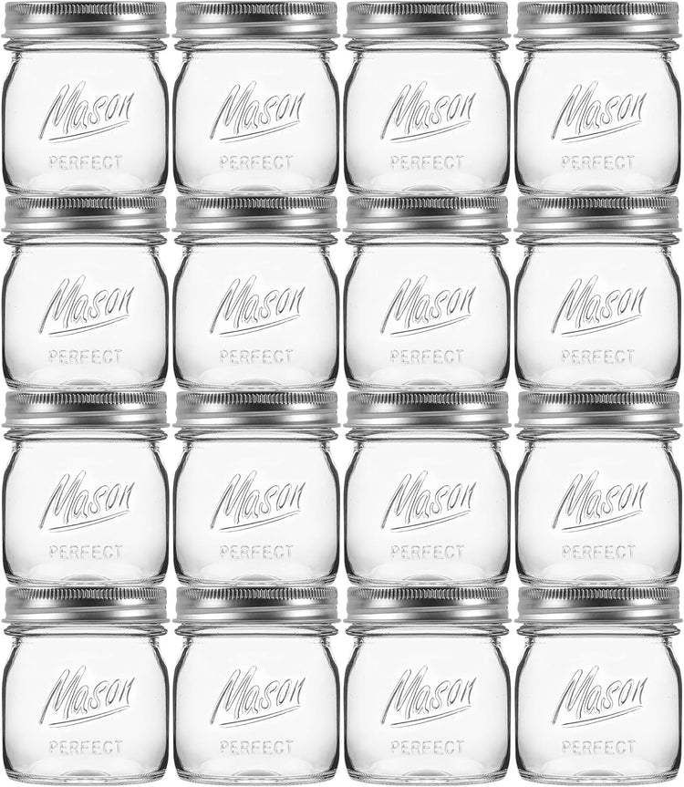 16 Pack 8 oz Mason Jars with Regular Airtight Lids - Glass Canning Jars 8 oz, Mini Mason Jars for Jam, Jelly, Honey, Overnight Oats, Party Favors, Shower Favor, Separable Lids