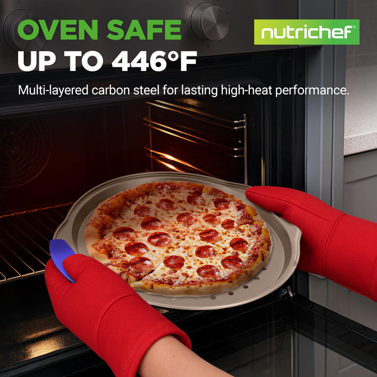 13-Inch Non-Stick Pizza Tray - with Silicone Handle, Round Steel Non-stick Pan with Perforated Holes, Premium Bakeware, Pizza Tray with Extended Handles, Dishwasher Safe - Champagne Gold