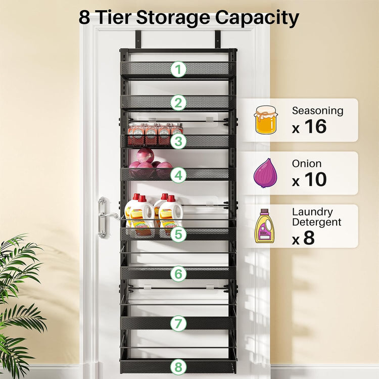 Over the Door Pantry Organizer - 8 Tier Adjustable Hanging Door Spice Rack, Large Capacity for Kitchen Pantry Storage (Black)