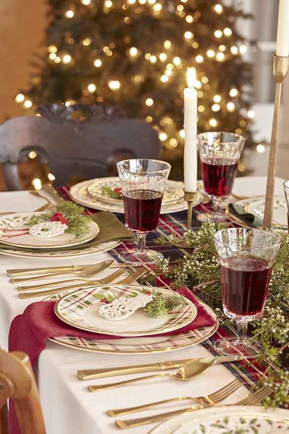 Lenox 894963 Holiday Plaid 12-Piece Dinnerware Set, Red & Green, Christmas, Hosting