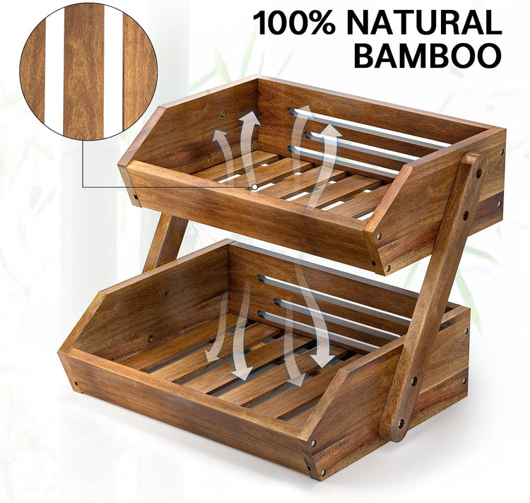 G.a HOMEFAVOR Fruit Basket: 2-Tier Acacia Wood Fruit Bowl for Kitchen, Fruit Stand Storage Holder for Vegetables and Snack Home Kitchen Countertop Organizer (Self-assembly)