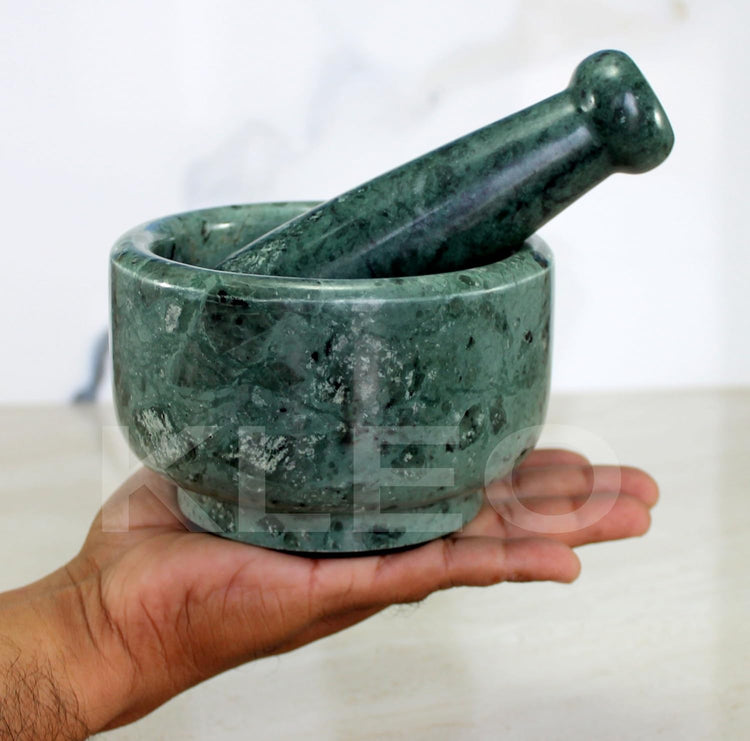 5" Diameter Natural Stone Mortar and Pestle Set as Spice Grinder, Medicine Masher - Okhli & Musal (Green)
