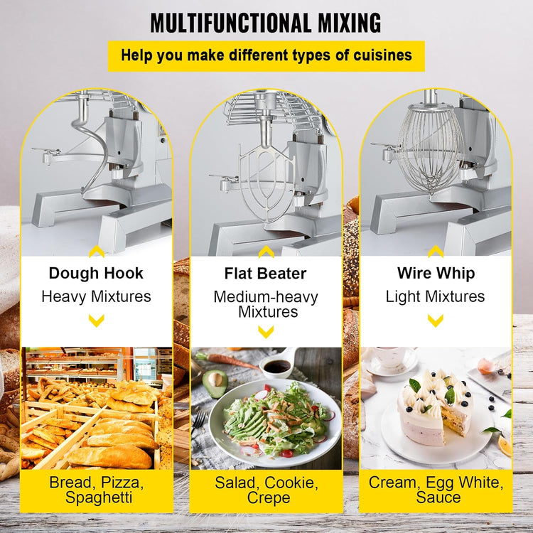 Happybuy 20Qt Commercial Food Mixer with Timing Function, Commercial Mixer 1100W Stainless Steel Bowl Heavy Duty Electric Food Mixer Commercial with 3 Speeds Adjustable, Perfect for Bakery Pizzeria