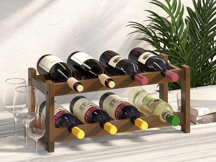 BAMEOS Bamboo Wine Rack, 2 Tier Wine Racks Countertop Storage, Wine Bottle Holder Wine Rack freestanding Floor for Kitchen, Bar, Pantry, Wine Cellar, Basement,Study,Maroon (16.85 L x 9.25W x 7H)