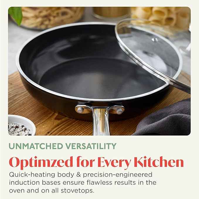 Orfeo 3QT Nonstick Saute Pan with Lid, Made in Italy, Diamond Ceramic PFAS-Free Cookware, Induction Ready, Scratch Resistant, Laser-Fused Surface for Durability, Dishwasher Safe, Black