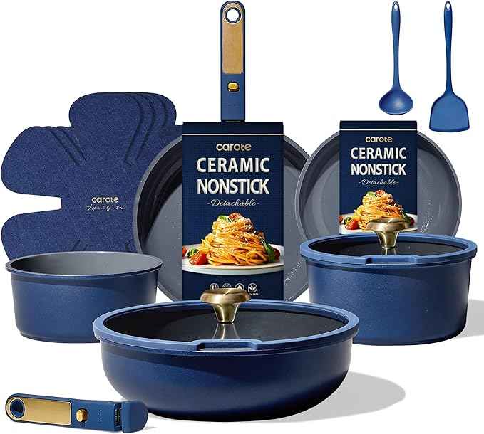 CAROTE Blue&Gold Ceramic Cookware Set Non Toxic, PFAS Free,15Pcs Pots and Pans Set Non Stick Detachable/Removable Handle,Kitchen Cooking Set Dishwasher Safe, Nonstick Pot and Pan, Induction Cookware