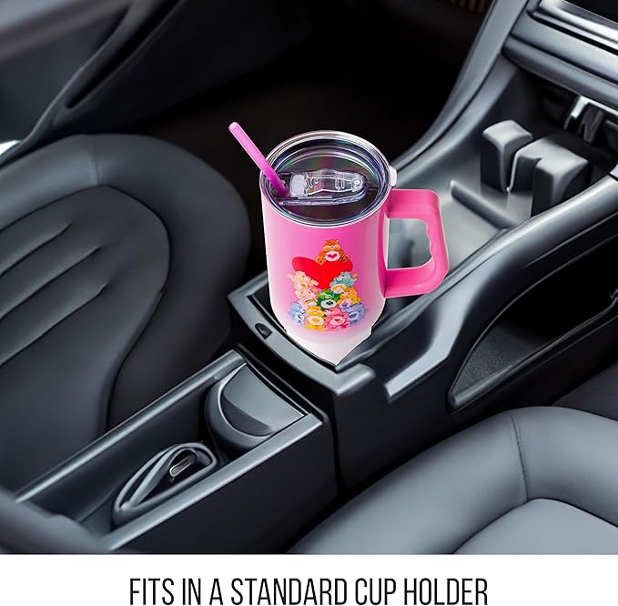 Silver Buffalo Care Bears Watercolor Heart Ombre Double Walled Stainless Steel Tumbler with Handle and Straw, Fits in Standard Cup Holder, 40 Ounces