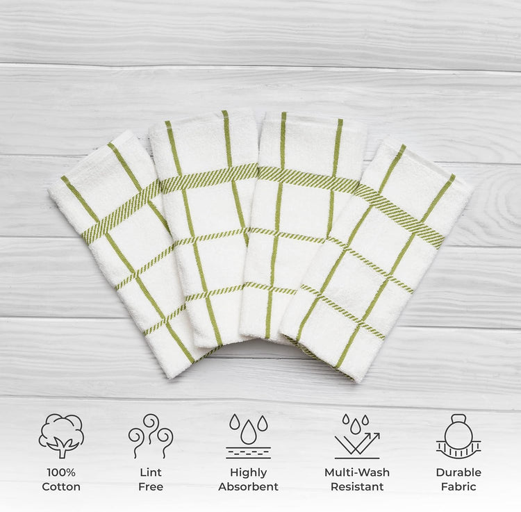 100% Cotton Terry Dish Towels, 4 Pack Checks, 16 x26 Inches, Super Soft and Absorbent Kitchen Towels, Perfect for Kitchen Cleaning and Dish Washing | Green - Nestoria