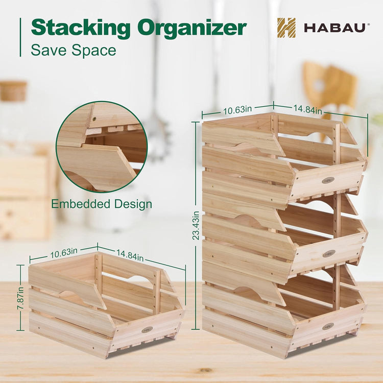 Wood Potato Onion Storage Bins - Wooden Stackable Produce Basket - Fruit Vegetable Storage for Kitchen Pantry Organization, Set 3 Pieces