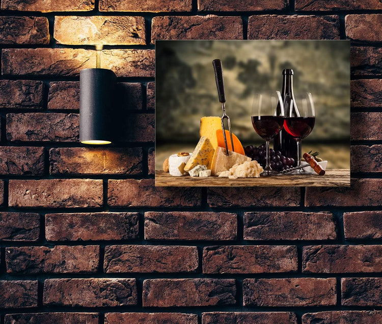 Looife Kitchen Still Life Canvas Wall Art, 24x16 Inch Gallery Wrapped Red Wine with Cheese Picture Prints Wall Decor, Food Art Deco for Dining Room and Bar Decoration