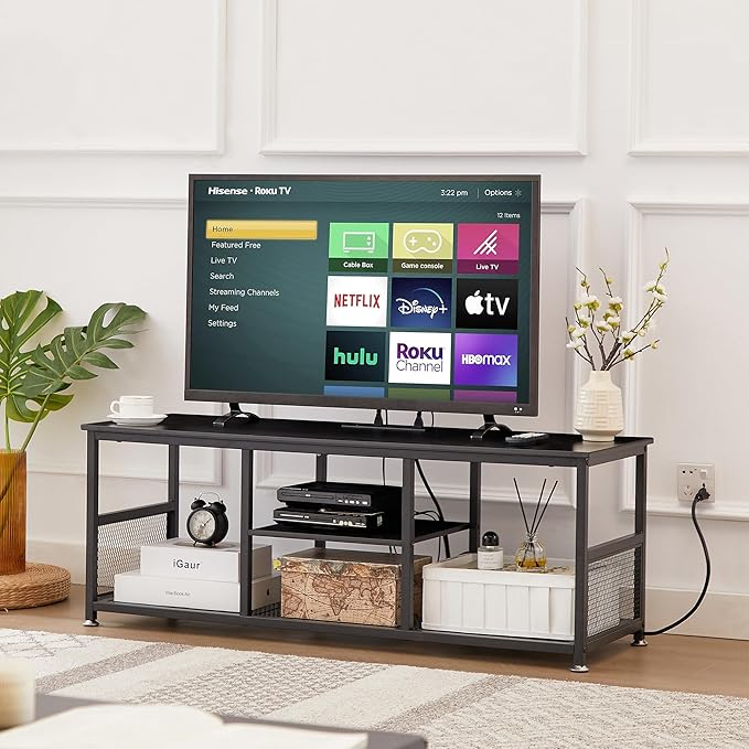 VECELO TV Stand with Power Outlets for Televisions up to 55 Inch, 47" Media Entertainment Center with Charging Station 3-Tier Open Storage Shelves with Metal Frame for Living Room/Bedroom,Black