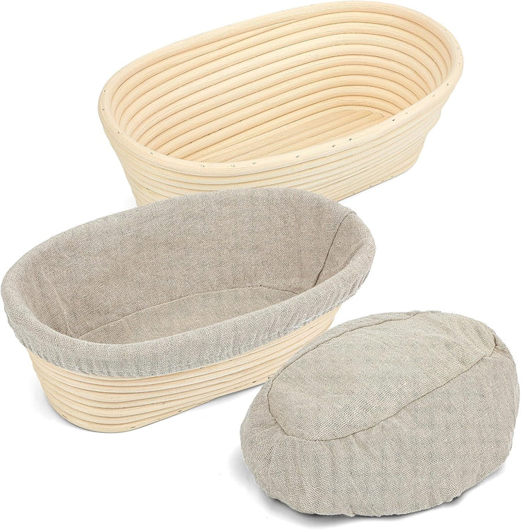 2PCS Banneton Bread Proofing Basket - 10 Inch Oval Banneton Basket and Linen Liner,Sourdough Bread Baking Supplies