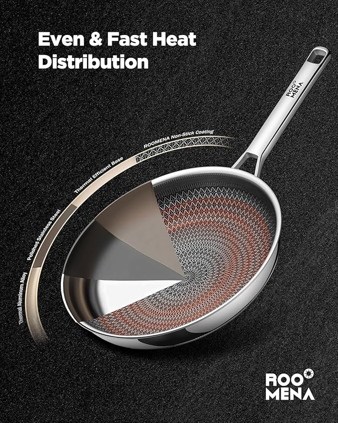 Non Stick Frying Pans Hybrid Ceramic, 12 Inch Tri-Ply Stainless Steel Skillet, Non-Toxic, PFAS/PFOA/PTFE Free, Metal Utensil Safe, Dishwasher & Oven Safe, Induction Compatible,Upgraded Version