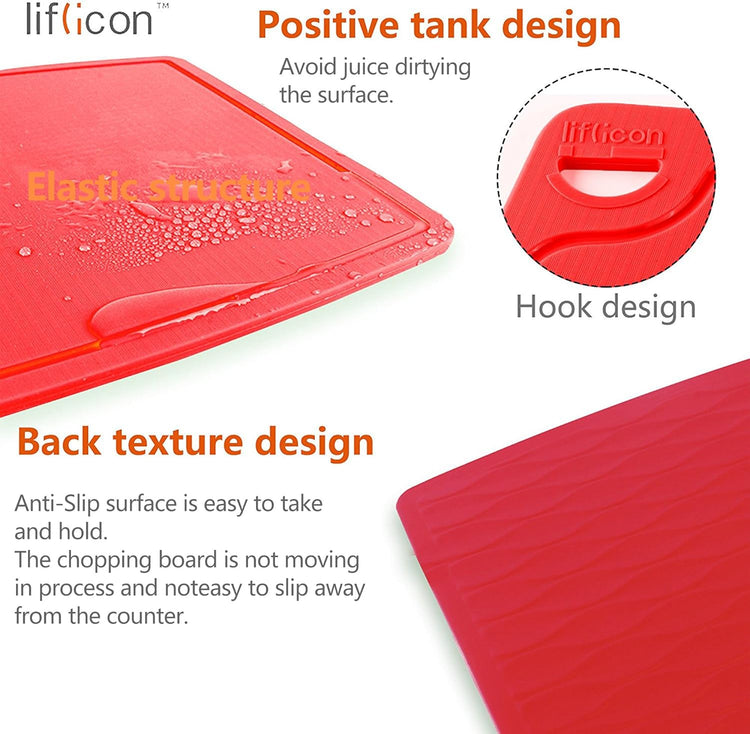 Thick Silicone Cutting Board 12.6'' x 9.1'' Juice Grooves Easy Grip Handle Dishwasher Safe-Red