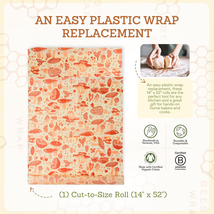 Bee's Wrap Beeswax Wraps for Food - Mushroom Magic Cut to Size 14x52" Wax Paper Roll - Made in USA Reusable Waxed Paper & Bowl Covers - Organic Eco-Friendly Alternative to Aluminum Foil & Plastic Wrap