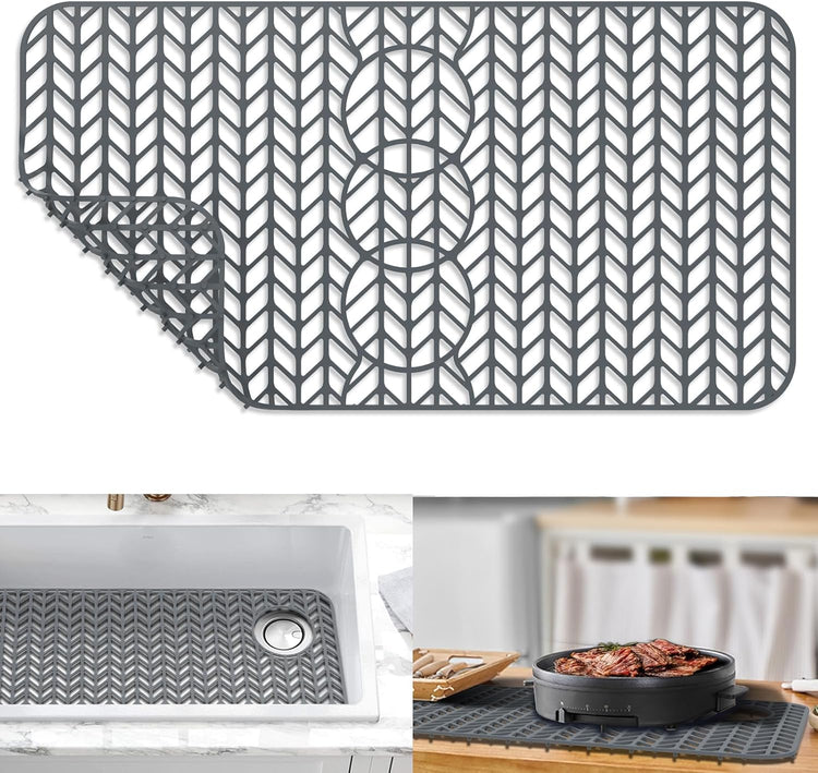 GUUKIN Sink Protectors for Kitchen Mat - 29"x 15.35" Silicone Kitchen Sink Mat Grid for Bottom of Farmhouse Stainless Steel Porcelain with 3 Reserved Holes(Grey)