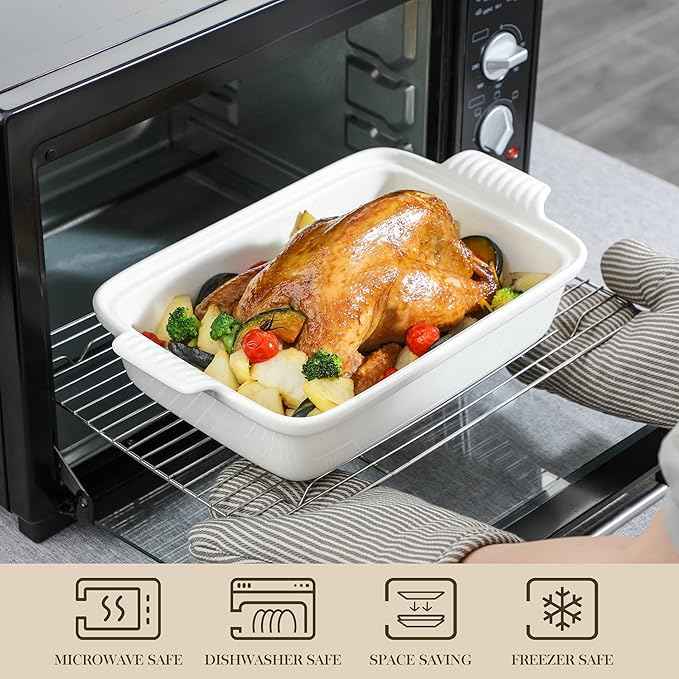 MALACASA 3.4 Quart Baking Dish With Lid, Porcelain Casserole dish with Lid, 13 x 9 Lasagna Pan Deep with Lid, Rectangular Bakeware With Handle, Microwave, Oven Safe, White, Series BAKE