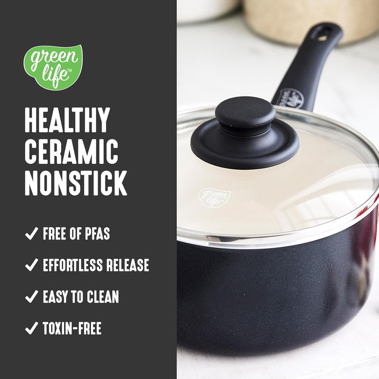 GreenLife 2 Quart Ceramic Nonstick Saucepan with Lid, PFAS-Free, Stay-Cool Handle, Multipurpose Kitchen Cooking Pot, Dishwasher & Oven Safe, Black