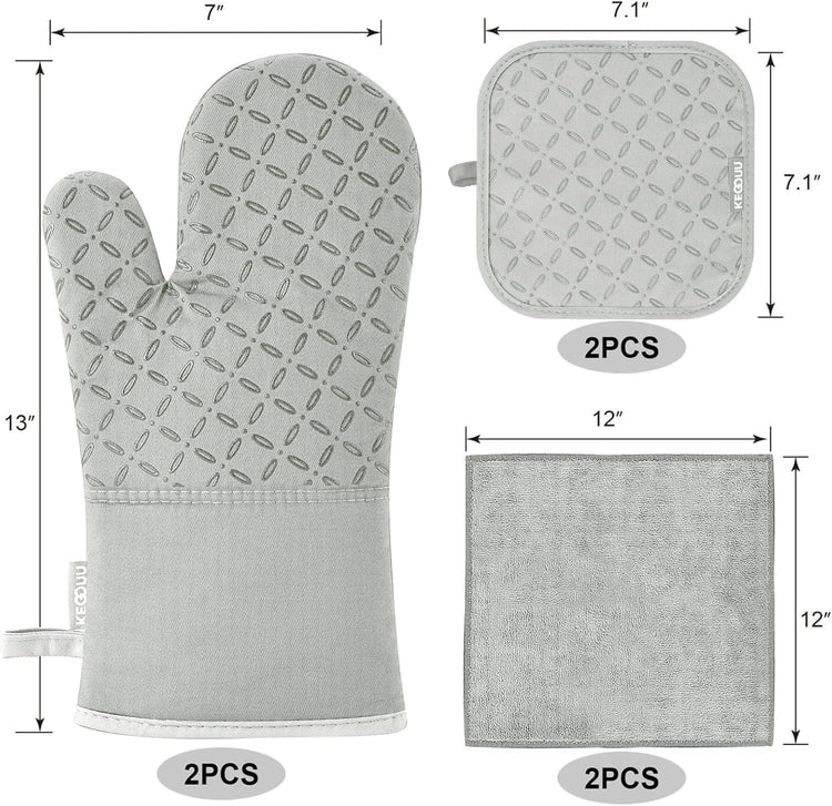 KEGOUU Oven Mitts and Pot Holders 6pcs Set, Kitchen Oven Glove High Heat Resistant 500 Degree Extra Long Oven Mitts and Potholder with Non-Slip Silicone Surface for Cooking (Greenish Gary)