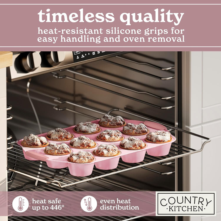Country Kitchen Nonstick Stackable Bakeware Set - Heavy Duty, Durable, Easy Release Baking Set, Pink, 10 Pcs
