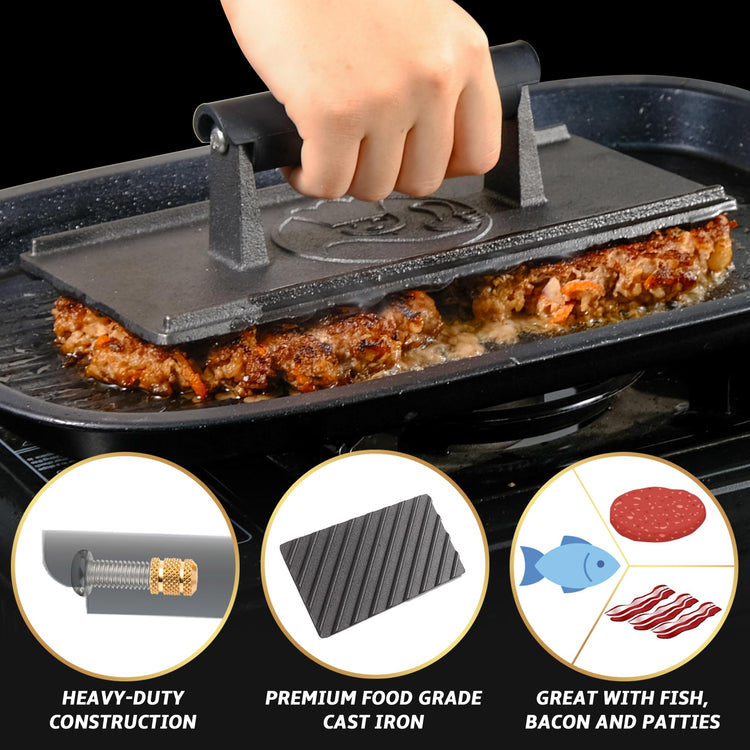 3lbs Cast Iron BBQ Grill Press with Heat Resistant Handle