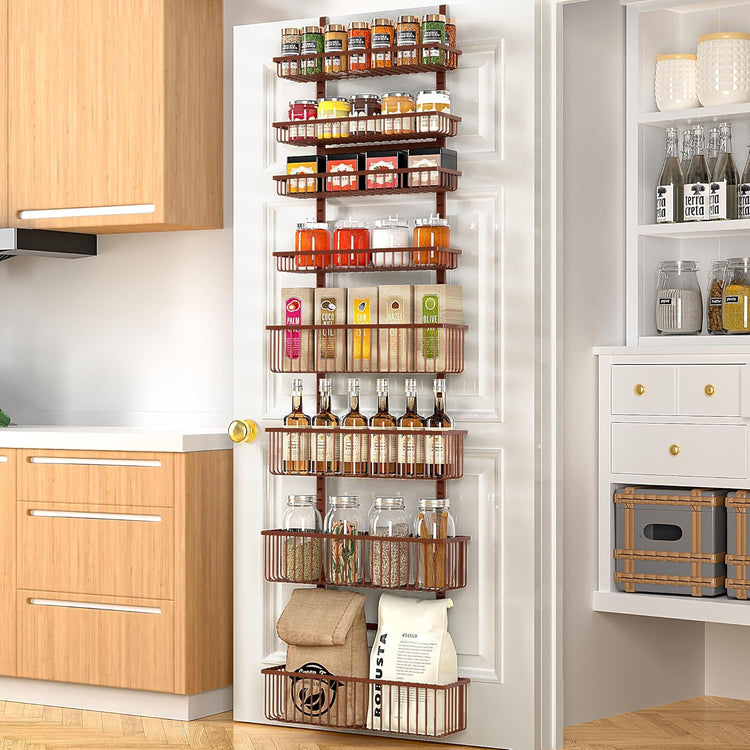 Moforoco Over The Door Pantry Organizer, Pantry Door Organizer Shelves, Kitchen Organizers and Storage, Hanging Basket Wall Spice Rack Seasoning Shelves, Laundry Room Bathroom accessories(Brown )