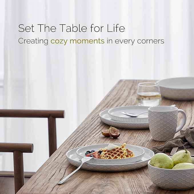 Stoneware Dinnerware Sets Service for 4, 12 pcs Reactive Glaze Plates and Bowls Sets, Embossed Boho Ceramic Dish Set, Highly Chip and Crack Resistant Farmhouse Plate Set, Ivory White