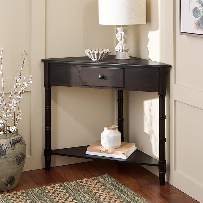 SAFAVIEH Home Collection – Gomez Dark Chocolate Corner Table, 1-Drawer Space-Saving Triangle Accent Table, Classic Turned-Leg Design (AMH5709F)