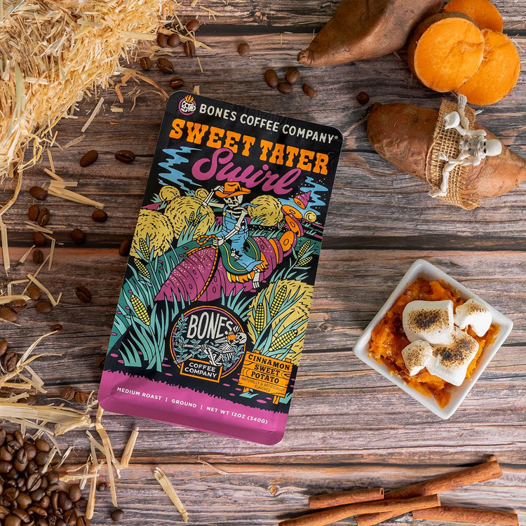 Bones Coffee Company Sweet Tater Swirl, Cinnamon Sweet Potato Flavored Coffee, Medium Roast Low Acid Arabica Beans Compatible with Auto drip and French Press Coffee Maker, 12 Oz Whole Bean
