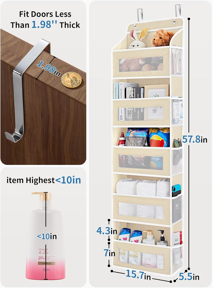 JARLINK 2 Pack Over The Door Organizer Storage, 5 Shelf Hanging Door Organizer with 5 Large Capacity Pockets, Anti Tilt 44 lb Load Behind Door Storage for Bedroom, Bathroom, Pantry, Nursery, (Beige)