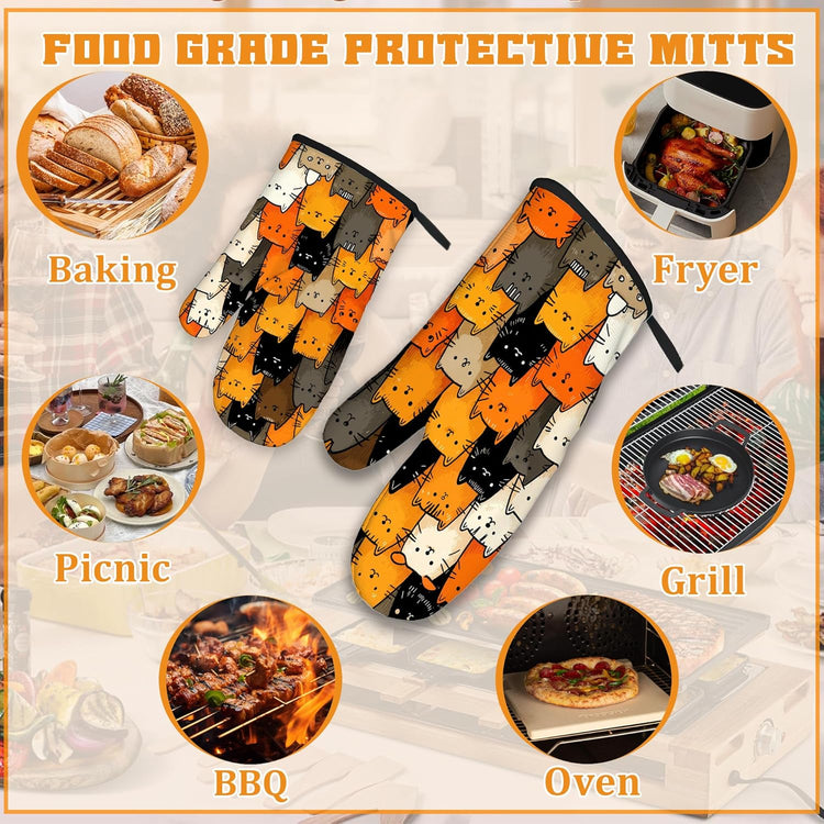 Funny Cute Cat Oven Mitts and Pot Holders Set,Kitchen Decor Heat Resistant Non Slip Hot Pads and Oven Mitt for Chef Cooking Baking BBQ Mom Girl Gifts(4 Piece Set)
