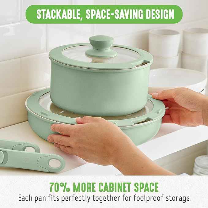GreenLife 10 Piece Nonstick Pots & Pans Set, Detachable Handle & Stackable Cookware Set, Non Toxic PFAS-Free Skillets, Induction Kitchen Pans, Space Saving, Serving Bowls, Oven Safe, Sage Green