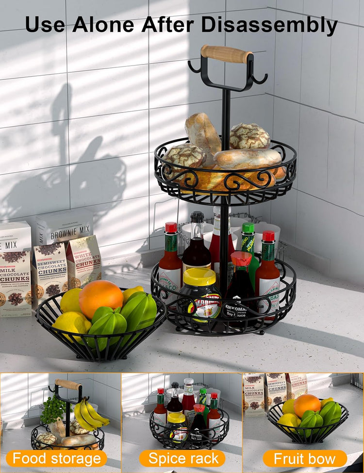 2-Tier ๐
๐ซ๐ฎ๐ข๐ญ ๐๐๐ฌ๐ค๐๐ญ and Fruit Bowl - Fruit and Vegetable Storage with Banana Tree Hanger and Wood Handle, Fruit Basket for Kitchen Counter, for Bread Onions Potatoes Veggies Produce