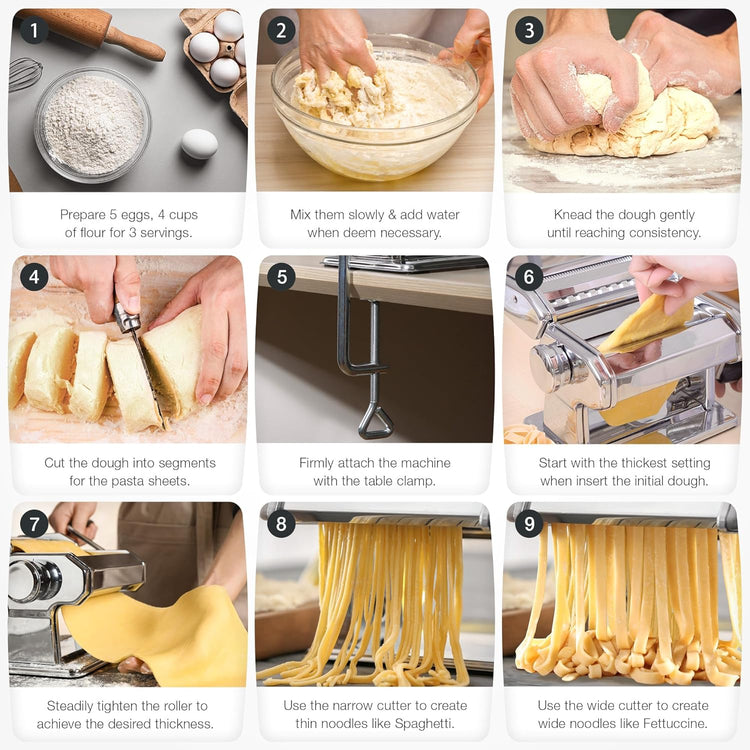 ISILER Pasta Maker, 9 Adjustable Thickness Settings 2-in-1 Pasta Machine with Rollers and Cutter, Noodle Maker for Pasta, Dumpling Skin, Spaghetti, Fettuccini, Lasagna