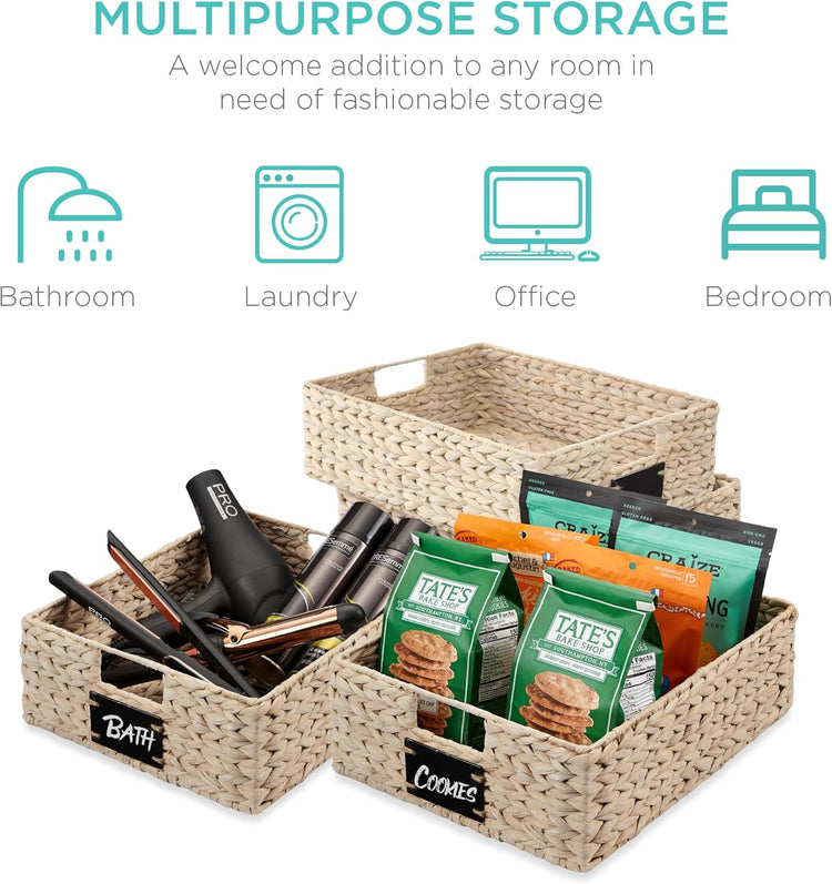 Best Choice Products Set of 4 16x12in Large Water Hyacinth Pantry Baskets, Woven Organizers w/Chalkboard Label, Chalk Marker - White