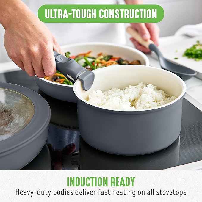 GreenLife 10 Piece Nonstick Pots & Pans Set, Detachable Handle & Stackable Cookware Set, Non Toxic PFAS-Free Skillets, Induction Kitchen Pans, Space Saving, Serving Bowls, Oven Safe, Graphite
