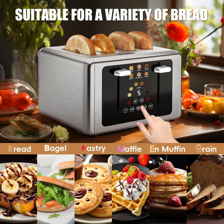 whall 4 Slice Touch Screen Toaster, Stainless Steel Toasters Digital Timer, Dual Control Panel Toasters,6 Shade Settings&6 Bread Types, Smart Wide Slots, Bagel, Cancel, Defrost,White