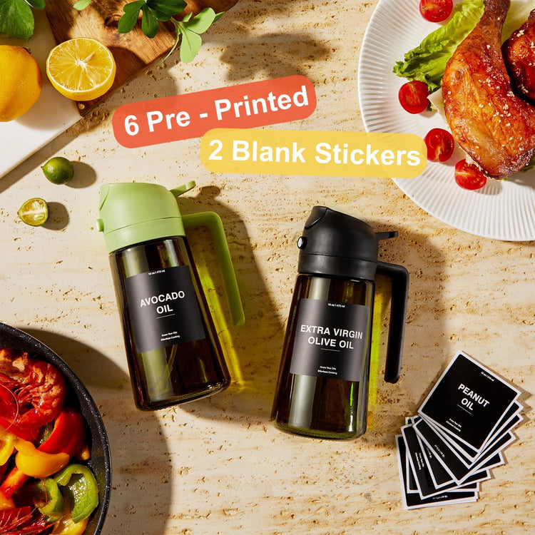 CXINYI - 16oz/470ml Olive Oil Dispenser for Kitchen with Stickers - 2 in 1 Olive Oil Sprayer for Cooking, Air Fryer, and Salad, White (Light-Proof Kitchen Gadget)