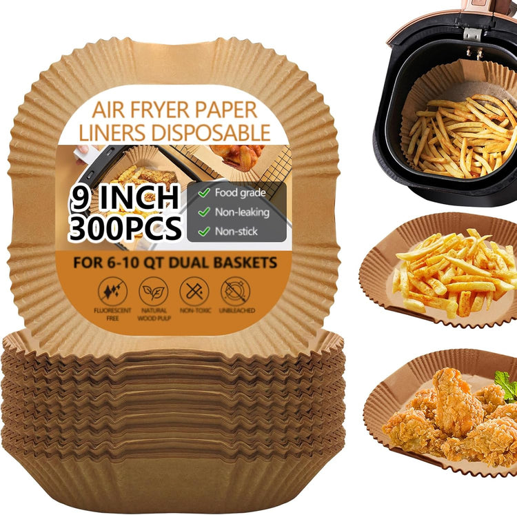 UBeesize 9 Inch Air Fryer Paper Liners,300 PCS Parchment Paper, Air Fryer Disposable Paper Liners for Microwave, Non-Stick Sheets Square Free of Bleach(Bottom size 8 Inch)