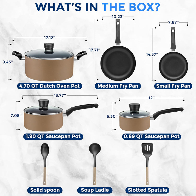 11-Piece Nonstick Kitchen Cookware Set - PTFE/PFOA/PFOS Free Heat Resistant Lacquer Kitchen Ware Pots Pan Set w/Bakelite Handles, Saucepan, Frying Pans, See-through Lid - SereneLife SLCW11GLD (Gold)
