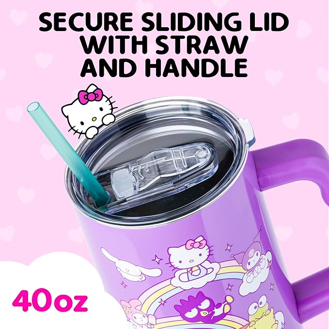 Silver Buffalo Sanrio Hello Kitty and Friends Featuring My Melody, Cinnamoroll, Kuromi, Chococat, Badtz-Maru, Keroppi, and Pompompurin Double Walled Stainless Steel Tumbler with Handle, 40 Ounces