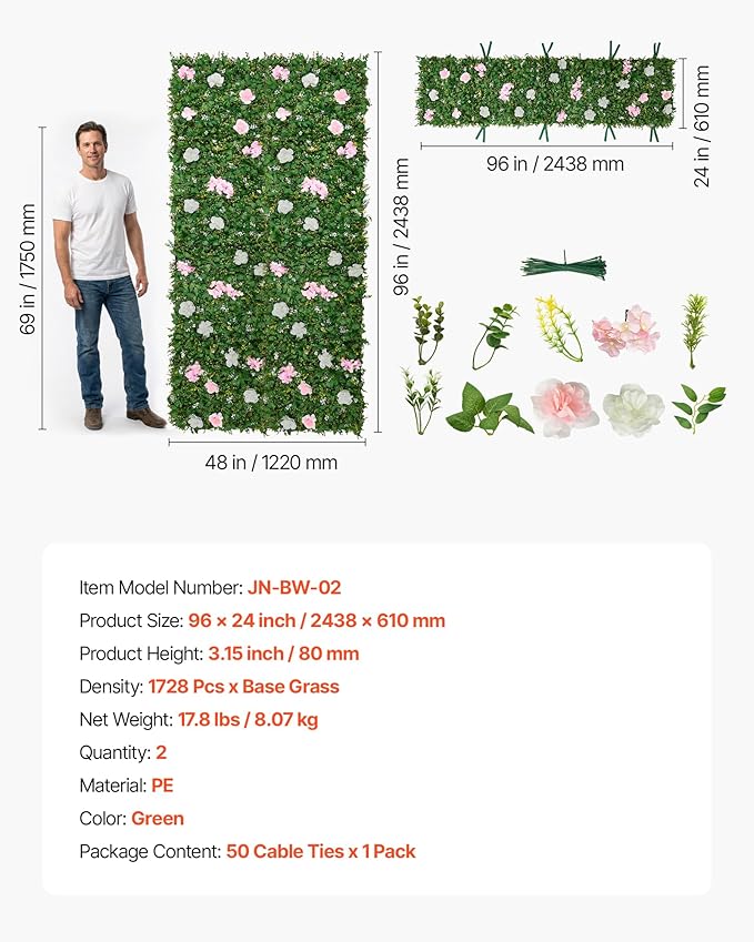 VEVOR Artificial Luxury Flower Wall Backdrop, 2 PCS, Each Panel 2 x 8 ft, Gorgeous 3D Silk Floral Backdrop Pet Friendly, Easy Installation Flower Wall Panel for Wedding, Event, Party,Mixed Leaf