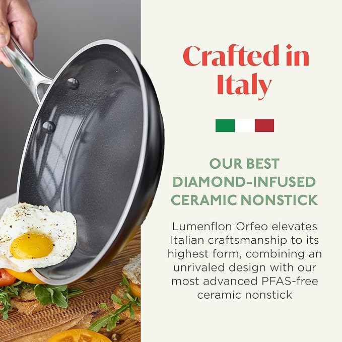 Orfeo 9.5” Nonstick Frying Pan, Made in Italy, Diamond Ceramic PFAS-Free Cookware, Induction Ready, Scratch Resistant, Laser-Fused Surface for Durability, Dishwasher Safe, Black