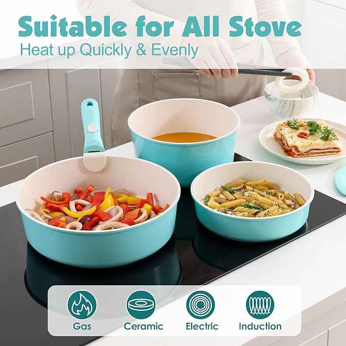 SENSARTE 24 Piece Ceramic Pots and Pans Set, Nonstick Detachable Handle Cookware, Induction Cookware Set with Removable Handle, Healthy Non Stick for RV, Dishwasher&Oven Safe, PFOA Free (Turquoise)