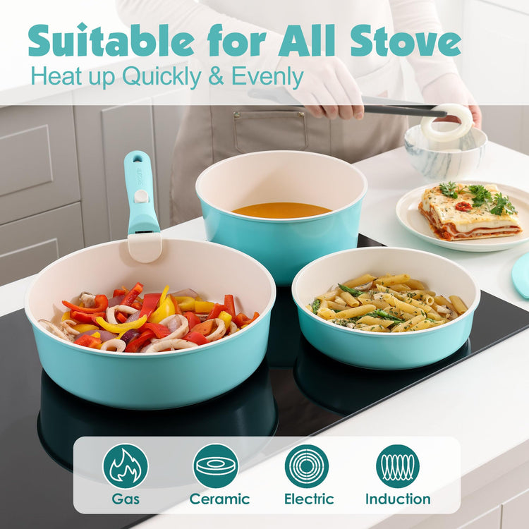 17 Piece Ceramic Detachable Handle Pots and Pans Set Turquoise