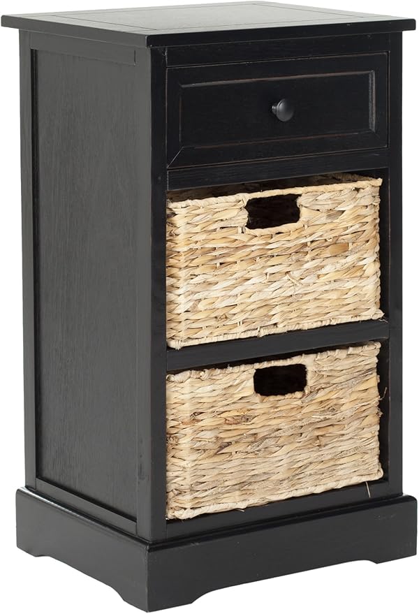 SAFAVIEH Home Collection Carrie Distressed Black/ Natural Wicker 3-Drawer Storage Nightstand Side Table (Fully Assembled)